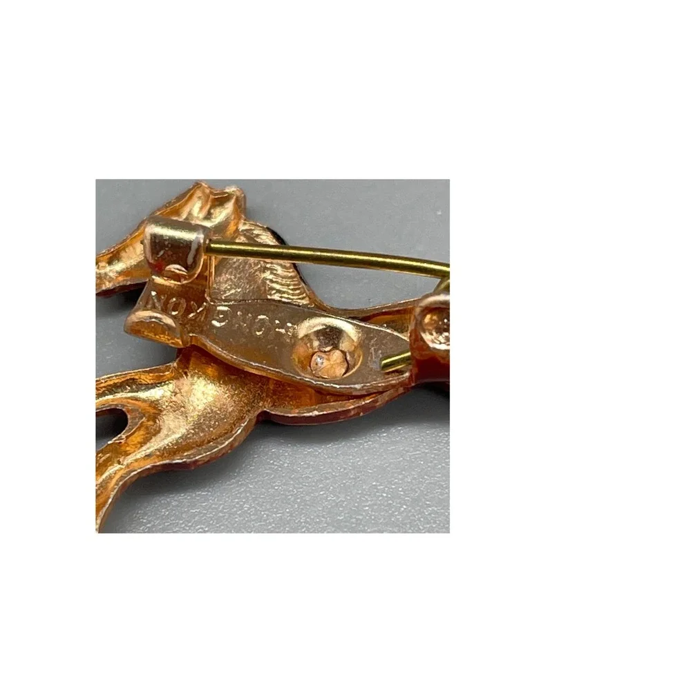 Vintage Enamel Horse Brooch Gold Tone Red Brown Galloping Stallion Pin Hong Kong